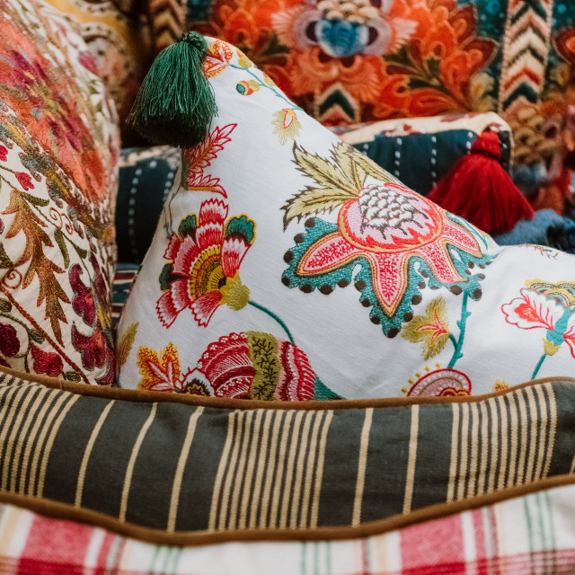 Mind The Gap Pillows MIDSUMMER FLORAL Embroidered Cushion (LC40134) | LC40134 | WOODSTOCK '69 LIFESTYLE COLLECTION | 20 x 20 in | Green, Pink, Turquoise, Yellow | Fabric Carolina | https://www.fabriccarolina.com/
