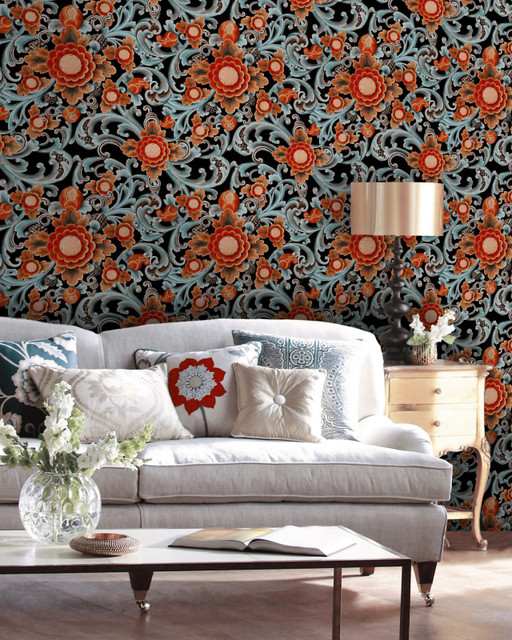 Mind The Gap Wallpaper FLORAL PAINTING Dark (WP20252) | WP20252 | PREMIUM DESIGNER WALLPAPER COLLECTION | 3 rolls x 20.5 x 118.1 in | 0.52m / 20.5in | 3m / 118in | 4.65mp | 60cm / 23.6in | Black, Blue, Red | Non-woven | Paste the wall | 3-rolls in a box | Fabric Carolina | https://www.fabriccarolina.com/