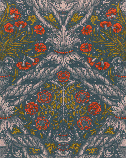 Mind The Gap Wallpaper FLORAL ORNAMENT Scarlet Wallpaper (WP20471) | WP20471 | THE WALLPAPER COMPENDIUM 1 | 3 rolls x 20.5 x 118.1 in | 0.52m / 20.5in | 3m / 118in | 4.65mp | 65cm / 25.6in | Blue, Red, Taupe | Non-woven | Paste the wall | 3-rolls in a box | Fabric Carolina | https://www.fabriccarolina.com/