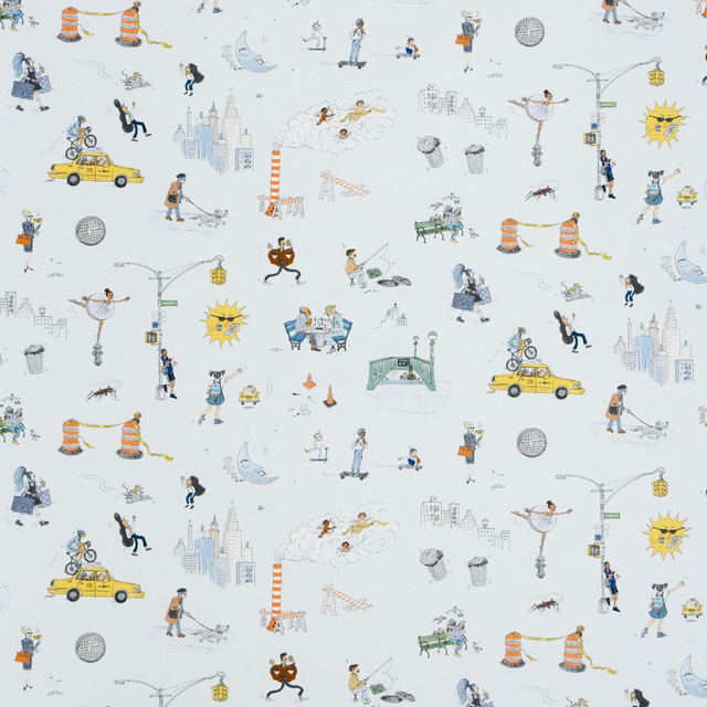 Joana Avillez'S Street Scenes Multicolor On Sky Blue 182330 by Schumacher Designer Fabric The New Yorker 27.0" - Swanky Fabrics -