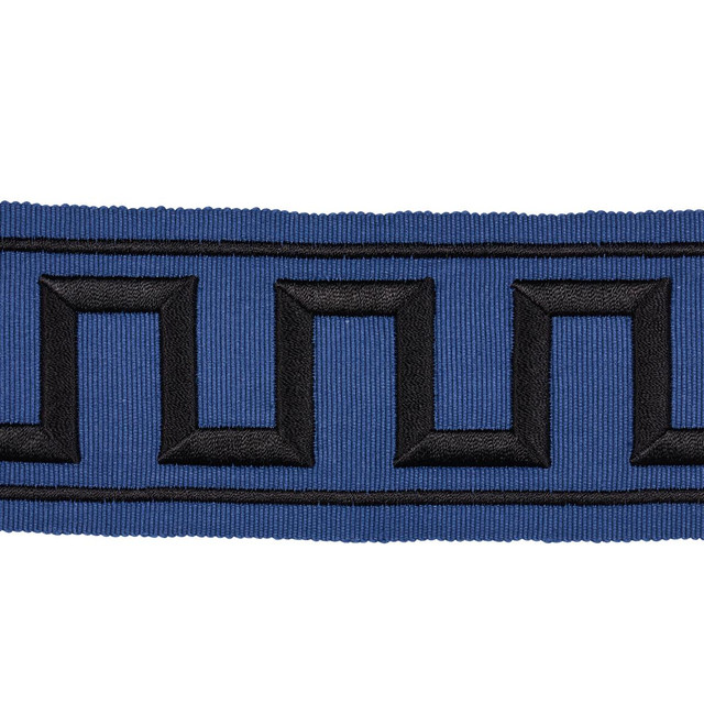 Greek Key Embroidered Tape Black On Navy 70803 by Schumacher Designer Trim Miles Redd 1.8" - Swanky Fabrics -