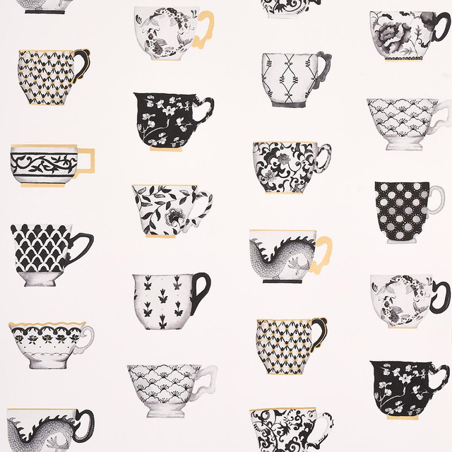 Onie'S Teacups Ink 5014780 by Schumacher Designer Wallpaper New Old-Fashioned 27.0" - Swanky Fabrics - Onie'S Teacups Ink 5014780 by Schumacher Designer Wallpaper New Old-Fashioned 27.0" - Swanky Fabrics -