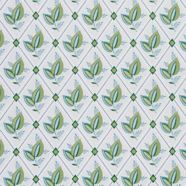 Basile Trellis Leaf & Aqua 5014231 by Schumacher Designer Wallpaper New Traditional: Provenal 13.5" - Swanky Fabrics -