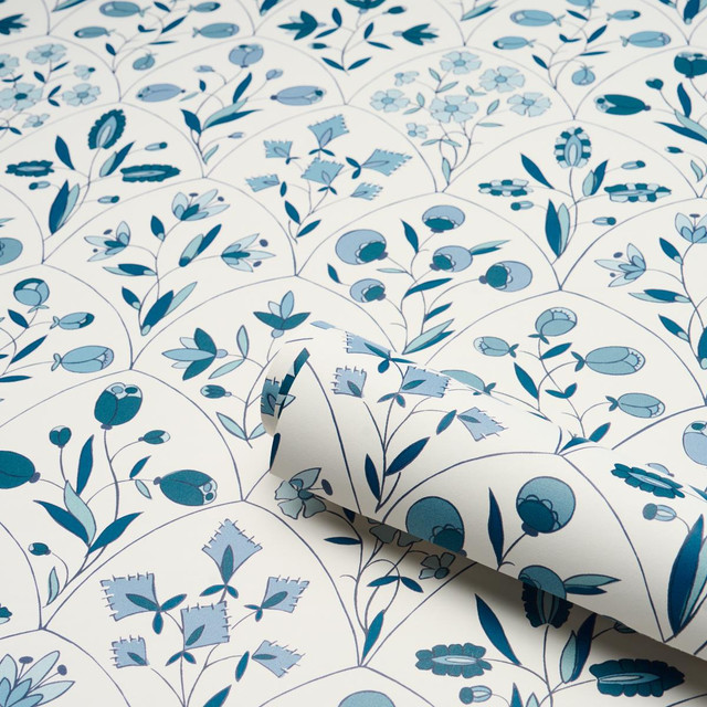 Frances Scallop Floral Blues 5015962 by Schumacher Designer Wallpaper Craft Revival 18.0" - Swanky Fabrics - Frances Scallop Floral Blues 5015962 by Schumacher Designer Wallpaper Craft Revival 18.0" - Swanky Fabrics -