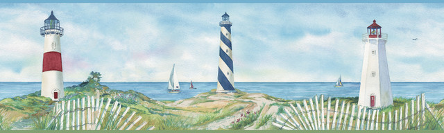 Eugene Blue Lighthouse Wallpaper by Chesapeake Designer Sanibel Covers about 11.3 square feet 9-in by 15-ft long roll Prepasted 0 - Swanky Fabrics - Eugene Blue Lighthouse Wallpaper by Chesapeake Designer Sanibel Covers about 11.3 square feet 9-in by 15-ft long roll Prepasted 0 - Swanky Fabrics -