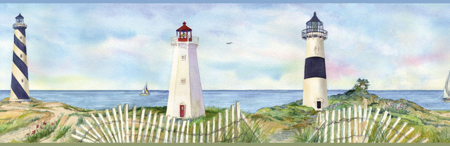 Eugene Light Blue Coastal Lighthouse Portrait Wallpaper by Chesapeake Designer Borders By Chesapeake Covers about 11.3 square feet 9-in by 15-ft long roll Prepasted 0 - Swanky Fabrics - Eugene Light Blue Coastal Lighthouse Portrait Wallpaper by Chesapeake Designer Borders By Chesapeake Covers about 11.3 square feet 9-in by 15-ft long roll Prepasted 0 - Swanky Fabrics -
