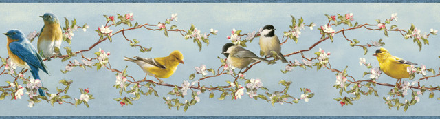 Louise Blue Songbird Portrait Wallpaper by Chesapeake Designer Outdoors Covers about 8.1 square feet 6.5-in by 15-ft long roll Prepasted 0 - Swanky Fabrics -