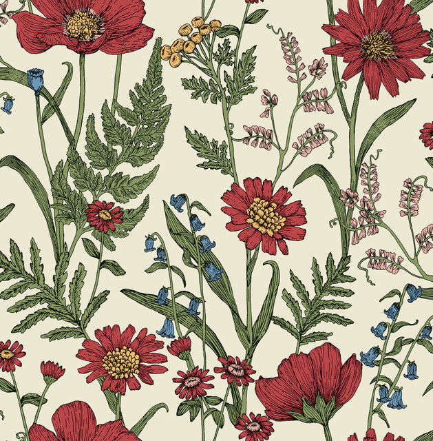 Arden Red Wild Meadow Wallpaper by Fine Decor Designer Medley Covers about 56.4 square feet 20.5-in by 33-ft long roll Unpasted 20.9 - Swanky Fabrics -