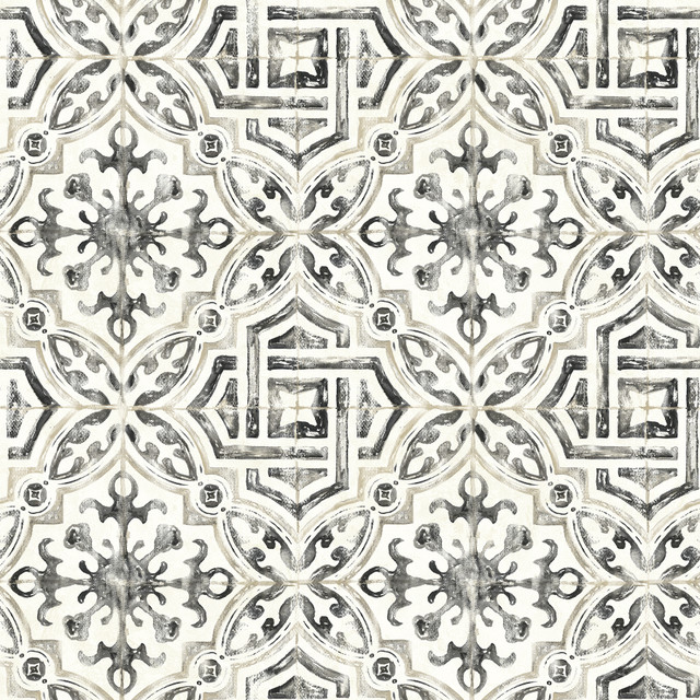 Sonoma Charcoal Spanish Tile Wallpaper by Brewster Designer Fresh Start Kitchen & Bath Covers about 56.4 square feet 20.5-in by 33-ft long roll Prepasted 20.5 - Swanky Fabrics - Sonoma Charcoal Spanish Tile Wallpaper by Brewster Designer Fresh Start Kitchen & Bath Covers about 56.4 square feet 20.5-in by 33-ft long roll Prepasted 20.5 - Swanky Fabrics -