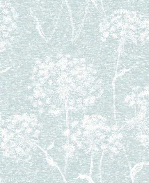 Carolyn Light Blue Dandelion Wallpaper by Advantage Designer Nature Covers about 56.4 square feet 20.5-in by 33-ft long roll Unpasted 12.6 - Swanky Fabrics -