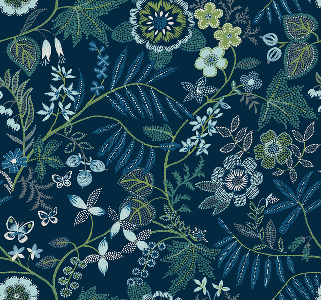 Marilyn Dark Blue Floral Trail Wallpaper by A-Street Prints Designer Scott Living III Covers about 60.8 square feet 27-in by 27-ft long roll Unpasted 25.25 - Swanky Fabrics -
