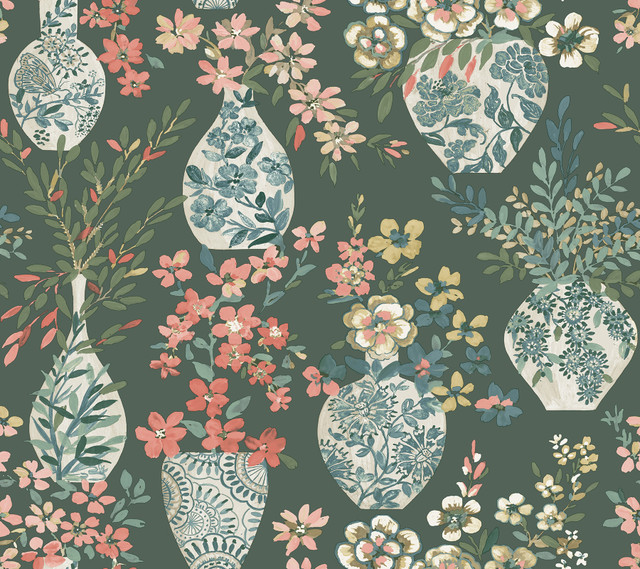 Harper Green Floral Vase Wallpaper by A-Street Prints Designer Middleton Covers about 60.8 square feet 27-in by 27-ft long roll Unpasted 25.25 - Swanky Fabrics - Harper Green Floral Vase Wallpaper by A-Street Prints Designer Middleton Covers about 60.8 square feet 27-in by 27-ft long roll Unpasted 25.25 - Swanky Fabrics -