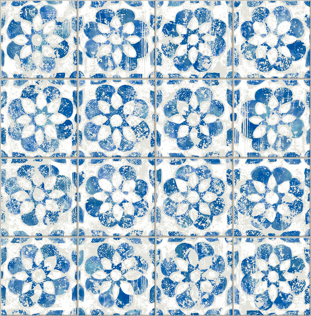 Izeda Blue Floral Tile Wallpaper by Advantage Designer Splash Covers about 56.4 square feet 20.5-in by 33-ft long roll Unpasted 20.9 - Swanky Fabrics -
