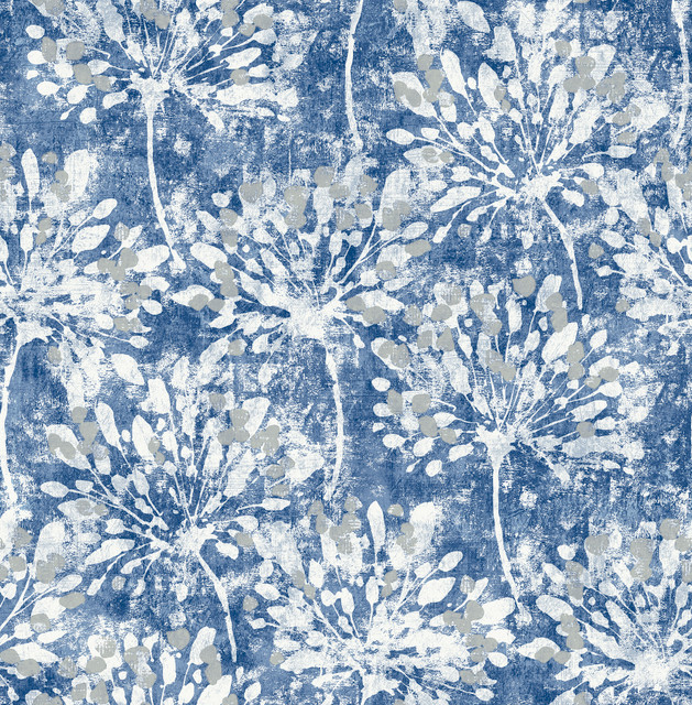 Dori Blue Painterly Floral Wallpaper by Advantage Designer Splash Covers about 56.4 square feet 20.5-in by 33-ft long roll Unpasted 20.9 - Swanky Fabrics -