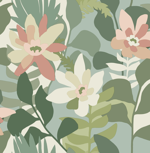 Koko Green Floral Wallpaper by A-Street Prints Designer Seychelles Covers about 56.4 square feet 20.5-in by 33-ft long roll Unpasted 20.9 - Swanky Fabrics -