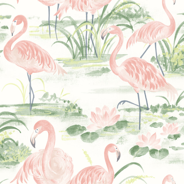 Everglades Coral Flamingos Wallpaper by Chesapeake Designer Sanibel Covers about 56.4 square feet 20.5-in by 33-ft long roll Prepasted 20.5 - Swanky Fabrics - Everglades Coral Flamingos Wallpaper by Chesapeake Designer Sanibel Covers about 56.4 square feet 20.5-in by 33-ft long roll Prepasted 20.5 - Swanky Fabrics -