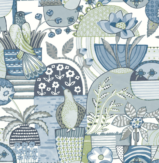 Fika Blue Blissful Birds & Blooms Wallpaper by A-Street Prints Designer Hannah Covers about 56.4 square feet 20.5-in by 33-ft long roll Unpasted 20.9 - Swanky Fabrics - Fika Blue Blissful Birds & Blooms Wallpaper by A-Street Prints Designer Hannah Covers about 56.4 square feet 20.5-in by 33-ft long roll Unpasted 20.9 - Swanky Fabrics -