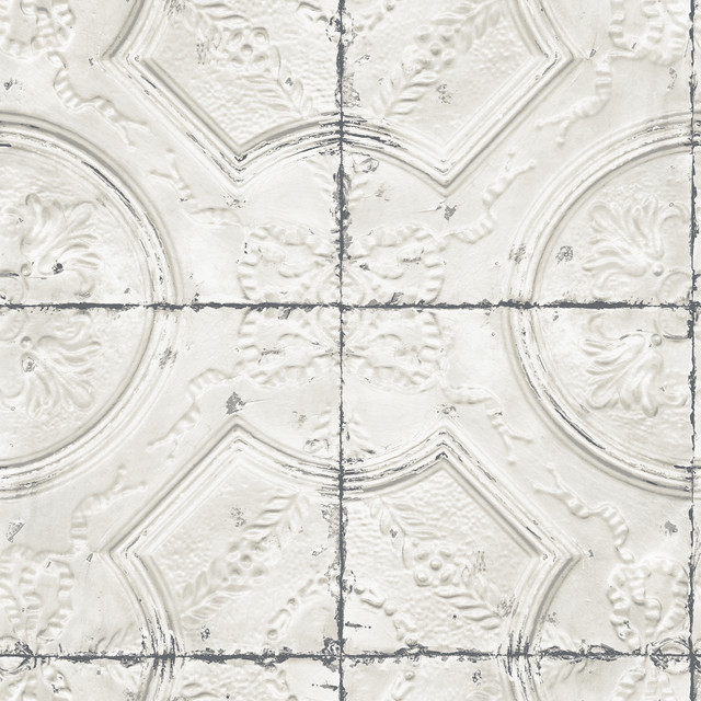 Susanna Off White Vintage Tin Tile Wallpaper by Chesapeake Designer Farmhouse Covers about 56.4 square feet 20.5-in by 33-ft long roll Prepasted 20.9 - Swanky Fabrics - Susanna Off White Vintage Tin Tile Wallpaper by Chesapeake Designer Farmhouse Covers about 56.4 square feet 20.5-in by 33-ft long roll Prepasted 20.9 - Swanky Fabrics -