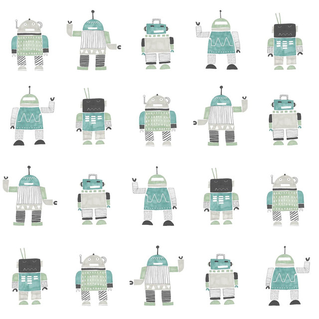 Callum Teal Robots Wallpaper by Chesapeake Designer Fable Covers about 57.5 square feet 20.9-in by 33-ft long roll Unpasted 20.9 - Swanky Fabrics - Callum Teal Robots Wallpaper by Chesapeake Designer Fable Covers about 57.5 square feet 20.9-in by 33-ft long roll Unpasted 20.9 - Swanky Fabrics -