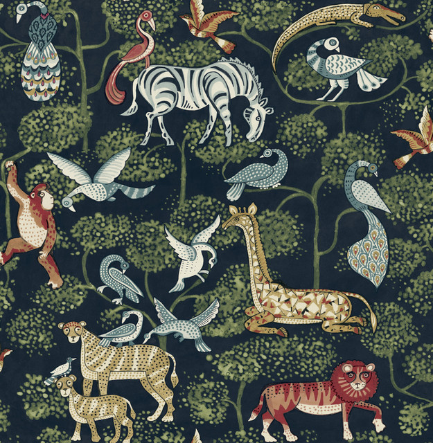 Rigby Navy Jungle Animals Wallpaper by A-Street Prints Designer Whimsy Covers about 56.4 square feet 20.5-in by 33-ft long roll Unpasted 10.4 - Swanky Fabrics - Rigby Navy Jungle Animals Wallpaper by A-Street Prints Designer Whimsy Covers about 56.4 square feet 20.5-in by 33-ft long roll Unpasted 10.4 - Swanky Fabrics -