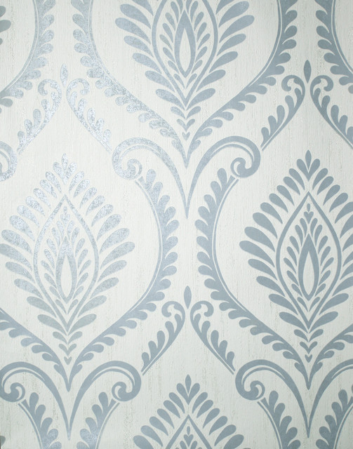 Estelle Light Blue Damask Wallpaper by Fine Decor Designer Medley Covers about 56.4 square feet 20.5-in by 33-ft long roll Unpasted 25.2 - Swanky Fabrics -