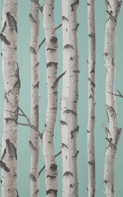 Chester Aqua Birch Trees Wallpaper by Fine Decor Designer Medley Covers about 56.4 square feet 20.5-in by 33-ft long roll Unpasted 20.9 - Swanky Fabrics -