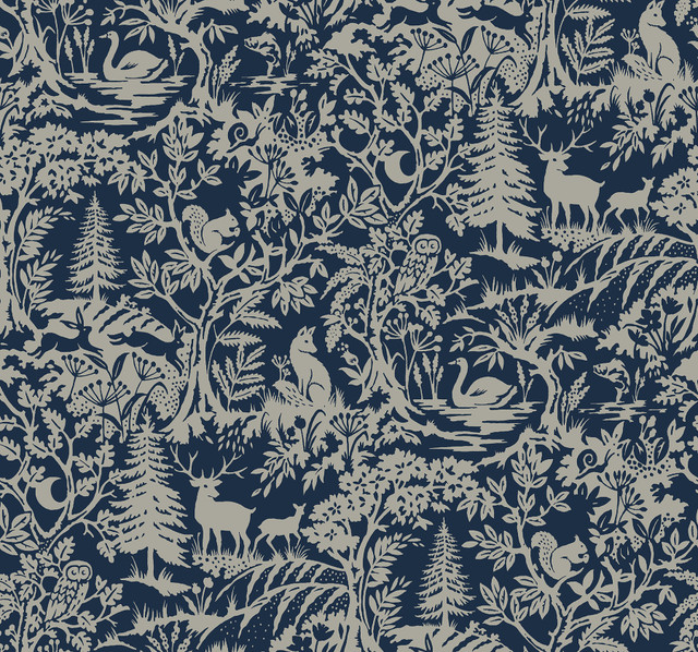 Alrick Navy Forest Venture Wallpaper by Chesapeake Designer Kinfolk Covers about 60.8 square feet 27-in by 27-ft long roll Prepasted 25.25 - Swanky Fabrics - Alrick Navy Forest Venture Wallpaper by Chesapeake Designer Kinfolk Covers about 60.8 square feet 27-in by 27-ft long roll Prepasted 25.25 - Swanky Fabrics -