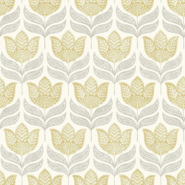 Cathal Mustard Tulip Block Print Wallpaper by Chesapeake Designer Kinfolk Covers about 56.4 square feet 20.5-in by 33-ft long roll Prepasted 10.25 - Swanky Fabrics -