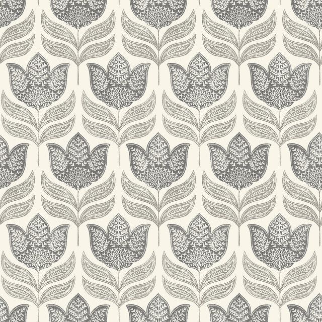 Cathal Charcoal Tulip Block Print Wallpaper by Chesapeake Designer Kinfolk Covers about 56.4 square feet 20.5-in by 33-ft long roll Prepasted 10.25 - Swanky Fabrics - Cathal Charcoal Tulip Block Print Wallpaper by Chesapeake Designer Kinfolk Covers about 56.4 square feet 20.5-in by 33-ft long roll Prepasted 10.25 - Swanky Fabrics -