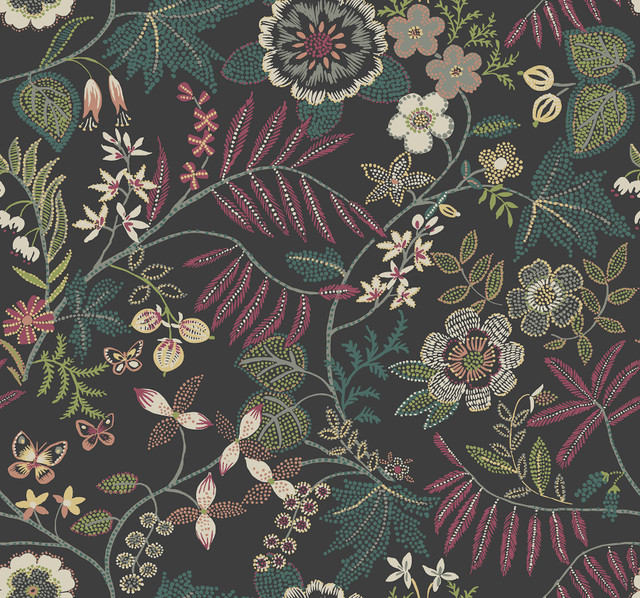 Marilyn Black Floral Trail Wallpaper by A-Street Prints Designer Scott Living III Covers about 60.8 square feet 27-in by 27-ft long roll Unpasted 25.25 - Swanky Fabrics -
