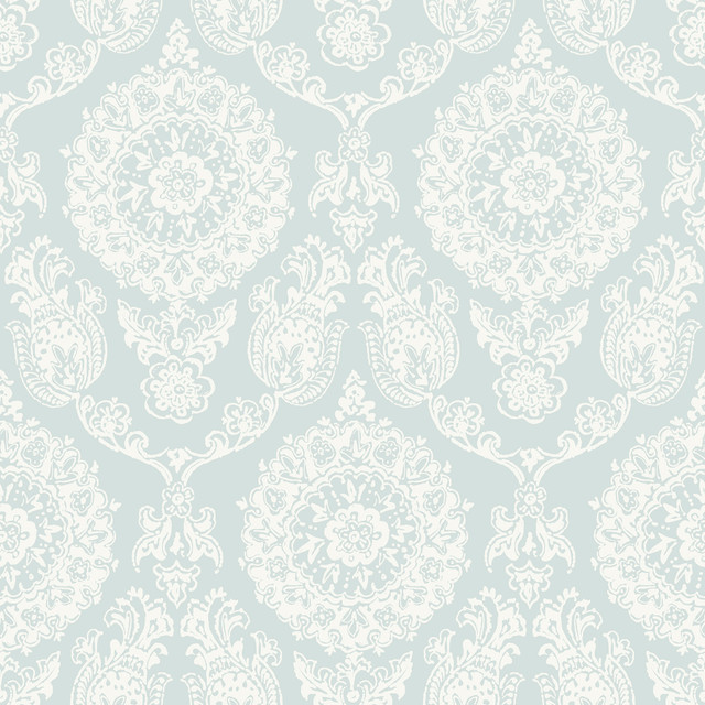 Helm Damask Aqua Floral Medallion Wallpaper by Chesapeake Designer Blue Heron Covers about 56.4 square feet 20.5-in by 33-ft long roll Prepasted 20.5 - Swanky Fabrics -
