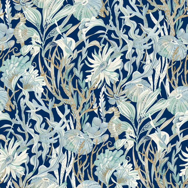 Kelp Garden Navy Tropical Reef Wallpaper by Chesapeake Designer Blue Heron Covers about 56.4 square feet 20.5-in by 33-ft long roll Prepasted 20.5 - Swanky Fabrics - Kelp Garden Navy Tropical Reef Wallpaper by Chesapeake Designer Blue Heron Covers about 56.4 square feet 20.5-in by 33-ft long roll Prepasted 20.5 - Swanky Fabrics -