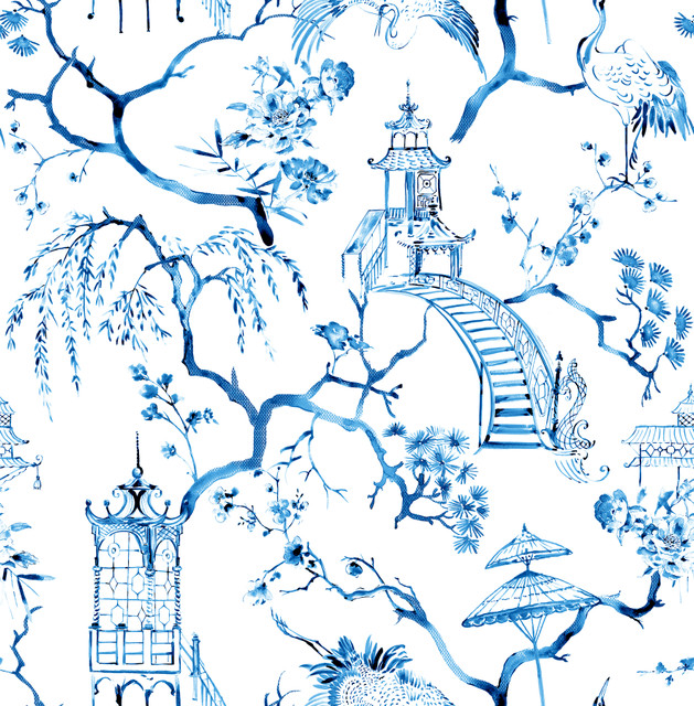 Serena Blue Chinoiserie Wallpaper by A-Street Prints Designer Middleton Covers about 56.4 square feet 20.5-in by 33-ft long roll Unpasted 20.9 - Swanky Fabrics -