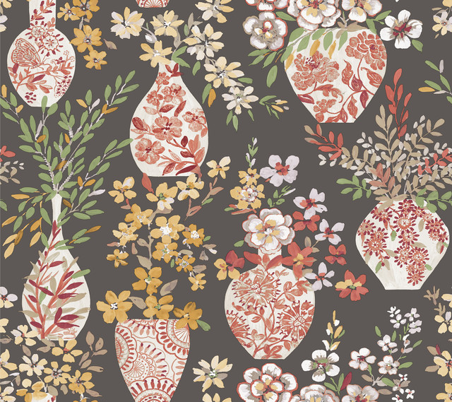 Harper Brown Floral Vase Wallpaper by A-Street Prints Designer Middleton Covers about 60.8 square feet 27-in by 27-ft long roll Unpasted 25.25 - Swanky Fabrics - Harper Brown Floral Vase Wallpaper by A-Street Prints Designer Middleton Covers about 60.8 square feet 27-in by 27-ft long roll Unpasted 25.25 - Swanky Fabrics -