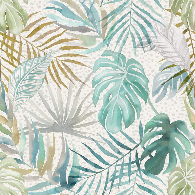Lana Aqua Tropica Wallpaper by ohpopsi Designer Wild Covers about 54.2 square feet 19.7-in by 33-ft long roll Unpasted 19.7 - Swanky Fabrics -