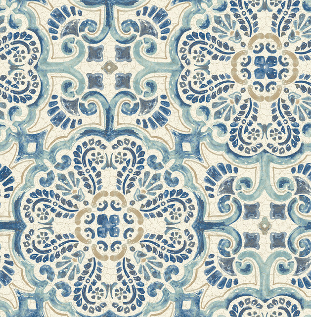 Florentine Blue Faux Tile Wallpaper by A-Street Prints Designer Trilogy Covers about 56.4 square feet 20.5-in by 33-ft long roll Unpasted 21 - Swanky Fabrics -