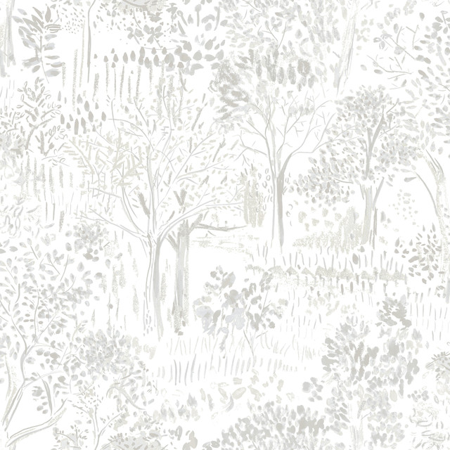 Walden Grey Forest Wallpaper by Chesapeake Designer Thoreau Covers about 56.4 square feet 20.5-in by 33-ft long roll Prepasted 20.5 - Swanky Fabrics -