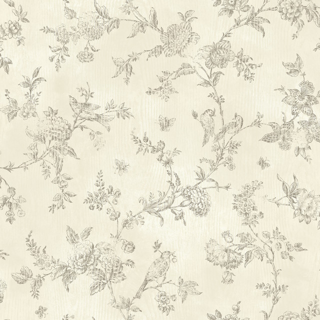 French Nightingale Cream Toile Wallpaper by Chesapeake Designer The Cottage Covers about 56.4 square feet 20.5-in by 33-ft long roll Prepasted 20.5 - Swanky Fabrics -