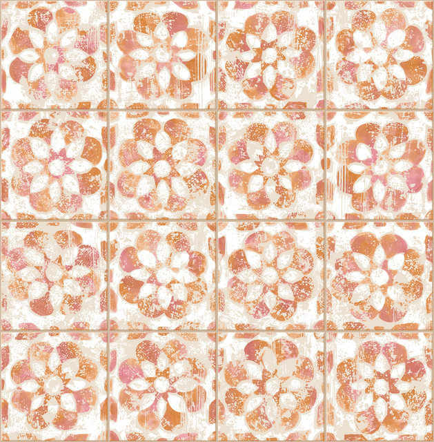 Izeda Coral Floral Tile Wallpaper by Advantage Designer Splash Covers about 56.4 square feet 20.5-in by 33-ft long roll Unpasted 20.9 - Swanky Fabrics -