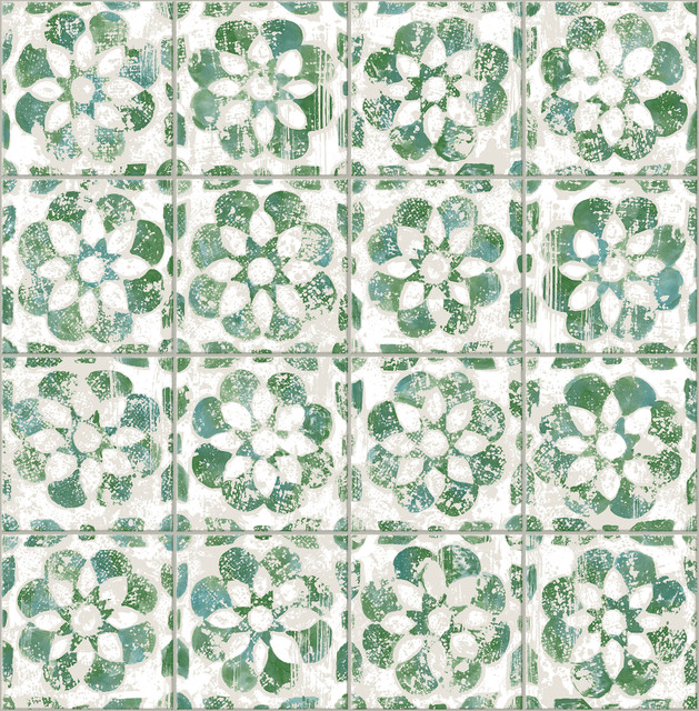 Izeda Green Floral Tile Wallpaper by Advantage Designer Splash Covers about 56.4 square feet 20.5-in by 33-ft long roll Unpasted 20.9 - Swanky Fabrics - Izeda Green Floral Tile Wallpaper by Advantage Designer Splash Covers about 56.4 square feet 20.5-in by 33-ft long roll Unpasted 20.9 - Swanky Fabrics -