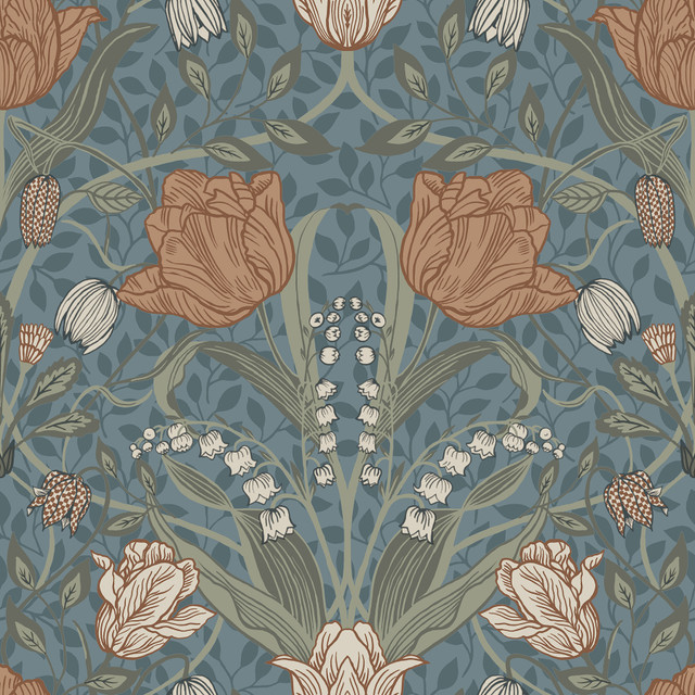 Tulipa Blue Floral Wallpaper by A-Street Prints Designer Spring Covers about 56.4 square feet 20.5-in by 33-ft long roll Unpasted 20.9 - Swanky Fabrics -
