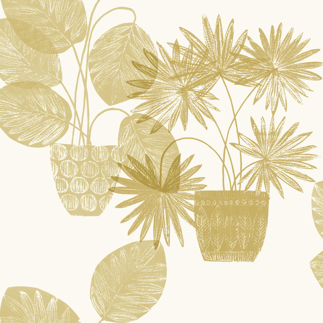 Aida Gold Potted Plant Wallpaper by A-Street Prints Designer Seychelles Covers about 60.8 square feet 27-in by 27-ft long roll Unpasted 27 - Swanky Fabrics -