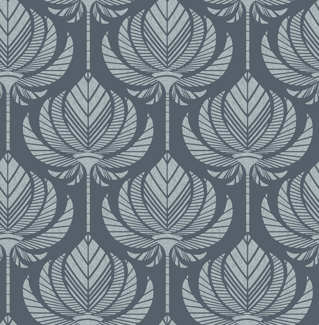 Palmier Navy Lotus Fan Wallpaper by A-Street Prints Designer Seychelles Covers about 56.4 square feet 20.5-in by 33-ft long roll Unpasted 10.4 - Swanky Fabrics -