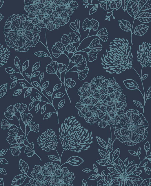 Ada Indigo Floral Wallpaper by A-Street Prints Designer Scott Living II Covers about 56.4 square feet 20.5-in by 33-ft long roll Unpasted 25.2 - Swanky Fabrics -