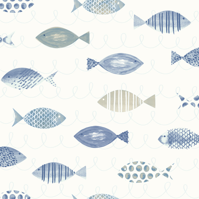 Key Blue Sea Fish Wallpaper by Chesapeake Designer Sanibel Covers about 56.4 square feet 20.5-in by 33-ft long roll Prepasted 20.5 - Swanky Fabrics -