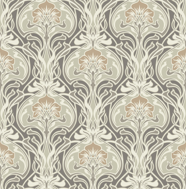 Mucha Dark Grey Botanical Ogee Wallpaper by A-Street Prints Designer Revival Covers about 56.4 square feet 20.5-in by 33-ft long roll Unpasted 20.9 - Swanky Fabrics - Mucha Dark Grey Botanical Ogee Wallpaper by A-Street Prints Designer Revival Covers about 56.4 square feet 20.5-in by 33-ft long roll Unpasted 20.9 - Swanky Fabrics -