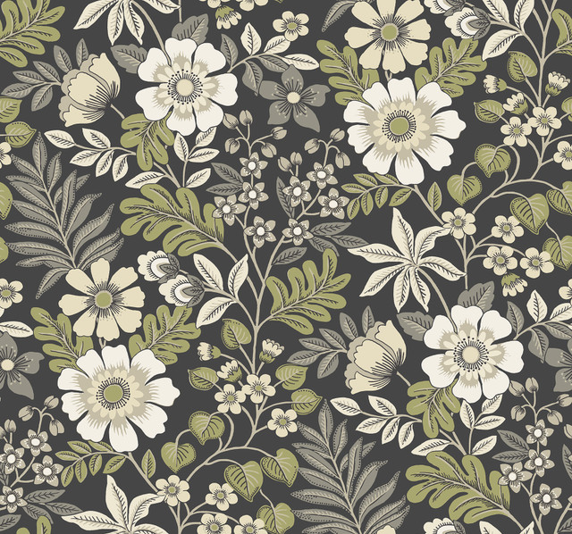 Voysey Black Floral Wallpaper by A-Street Prints Designer Revival Covers about 60.8 square feet 27-in by 27-ft long roll Unpasted 25.25 - Swanky Fabrics - Voysey Black Floral Wallpaper by A-Street Prints Designer Revival Covers about 60.8 square feet 27-in by 27-ft long roll Unpasted 25.25 - Swanky Fabrics -