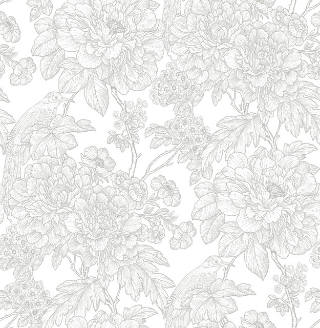 Birds of Paradise Breeze Grey Floral Wallpaper by A-Street Prints Designer Perennial Covers about 56.4 square feet 20.5-in by 33-ft long roll Unpasted 20.9 - Swanky Fabrics -