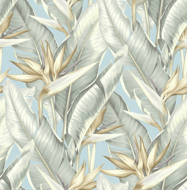 Arcadia Blueberry Banana Leaf Wallpaper by Kenneth James Designer Palm Springs Covers about 56.4 square feet 20.5-in by 33-ft long roll Unpasted 21 - Swanky Fabrics -