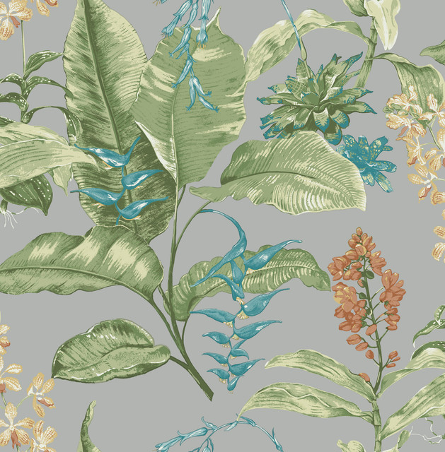 Maui Grey Grey Botanical Wallpaper by Kenneth James Designer Palm Springs Covers about 56.4 square feet 20.5-in by 33-ft long roll Unpasted 21 - Swanky Fabrics -